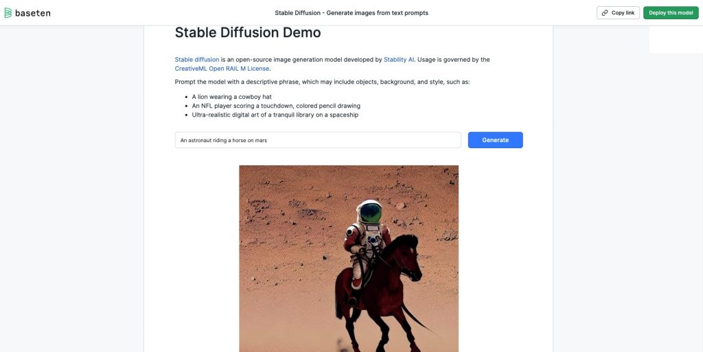 BaseTen stable diffusion web app UI